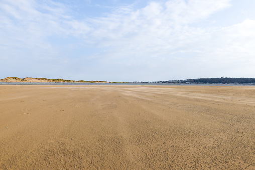 Wide angle view of empty beach with expanse of sand