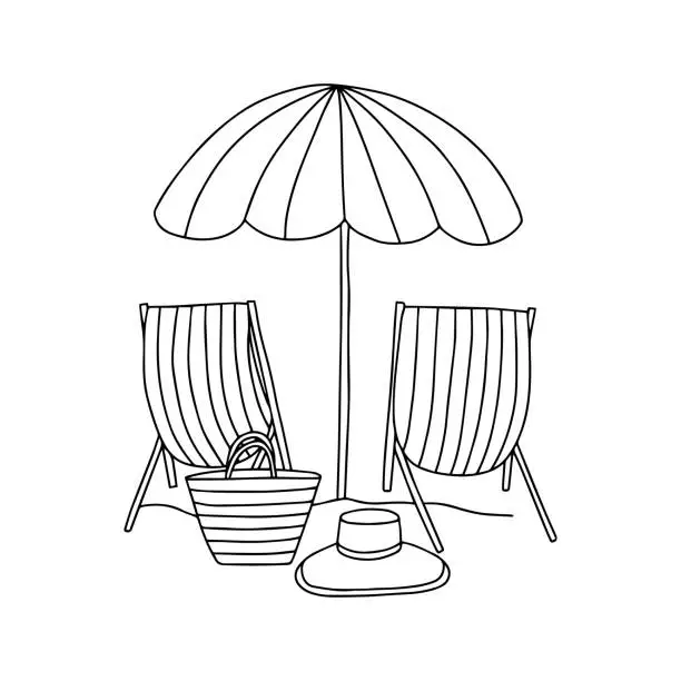 Vector illustration of Hand drawn coloring page with beach chair and umbrella