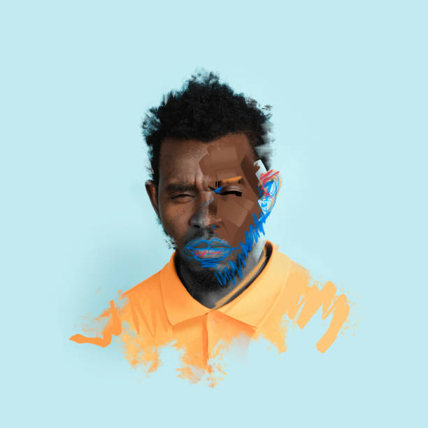 Poster with young serious african man's portrait over blue background. Poster graphics effect. Combination of photo and illustration. Ideas, inspiration, fashion and emotions concept. Creative artwork
