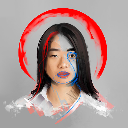 Sunrise. Young asian woman's portrait over gray background with red paint stroke. Poster graphics. Combination of photo and illustration. Ideas, inspiration, fashion and emotions concept.