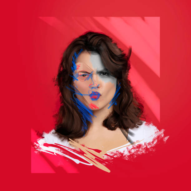 istock Creative art collage. Young woman's portrait over red background. Poster graphics. Combination of photo and illustration. Ideas, inspiration, fashion and emotions concept. 1400421846