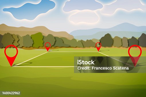 istock Land plot management - real estate concept illustration with a vacant land on a green field available for building construction and housing subdivision in a residential area for sale, rent, buy or investment 1400422962