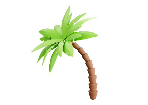 Palm tree 3d render - tropical plant with green leaves and brown trunk for beach vacation and summer travel concept. Cartoon exotic beach tree for seasand illustration.