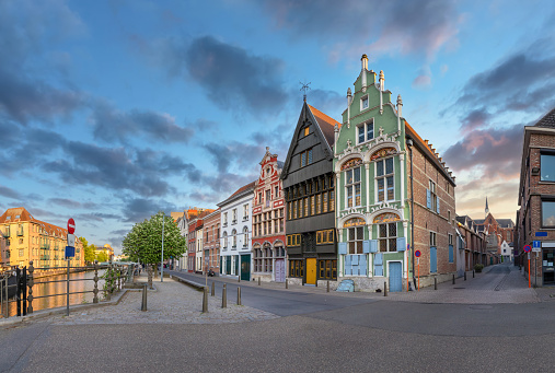 Mechelen, Belgium. Famous old traditional houses on Haverwerf embankment