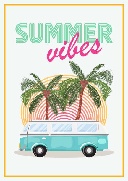 istock Cartoon style illustration with a van and palms on the background for lifestyle design. 1400424433
