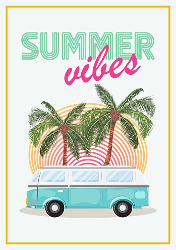 Summer road trip illustration. Cartoon style illustration with a van and palms on the background for lifestyle design. For invitation, card, poster design.