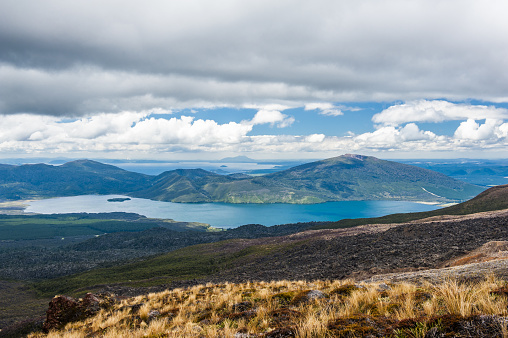 Lake Rotoaira seen from slope of Mt. Tongariro on Tongariro Crossing national park. North Island, New Zealand