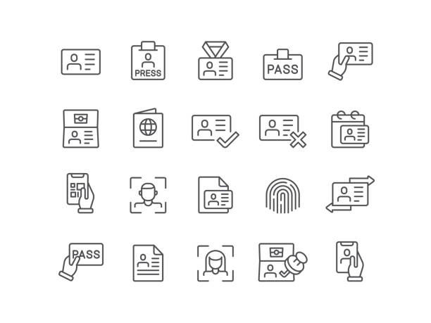 ID Icons ID card, driver's license, passport, icon, icon set, pass, identification, badge, card, document, visa emigration & immigration stock illustrations