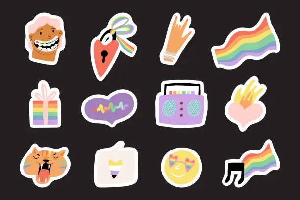 Vector illustration of Cute Pride Month Celebration stickers collection. Characters, flags, hearts, transgender and nonbinary community colors, rainbow LGBTQ flags and palette. Vector illustration, clip art set.