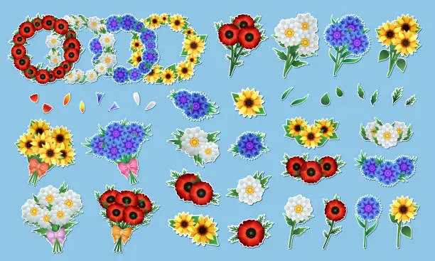 Vector illustration of Big set of spring and summer flowers in clip art style