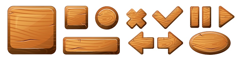 Wooden buttons for user interface design in game, video player or website. Vector cartoon