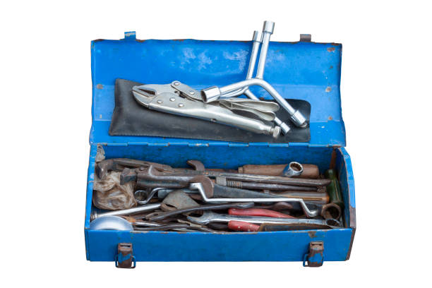 istock Metal tool box that is open and rusty isolated on white background included clipping path. 1400433912