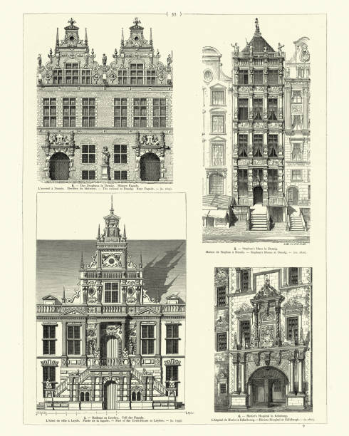 renaissance and baroque style architecture, danzig, the arsenal, stephan's house, townhouse, leyden, heriots hospital, edinburgh - arsenal stock illustrations