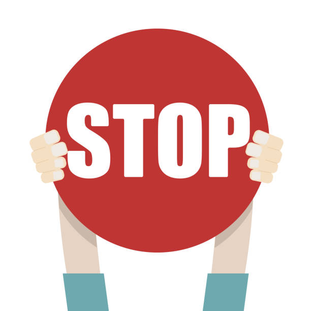 ilustrações, clipart, desenhos animados e ícones de ilustração vetorial de mãos segurando bandeira de placa redonda vermelha com mensagem stop for stop smoking, stop child abuse, stop traffic sign, stop racist design - stop