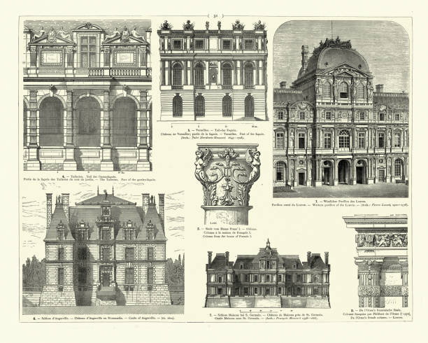 ilustraciones, imágenes clip art, dibujos animados e iconos de stock de ejemplos de arquitectura barroca, tullerías, versalles, louvre, château d'angerville en normandía - chateau de versailles