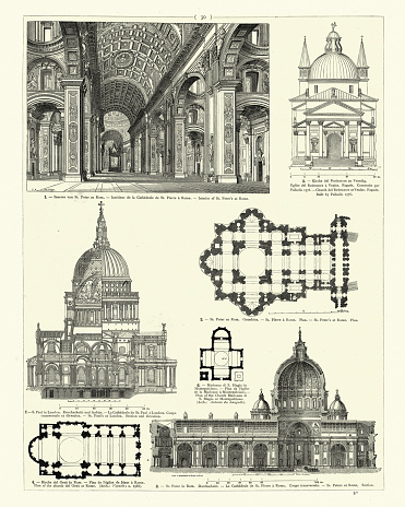 Vintage illustration of Examples of Baroque architecture, St Peter's, Rome, Church del Redentore, Venice, St Paul's, London