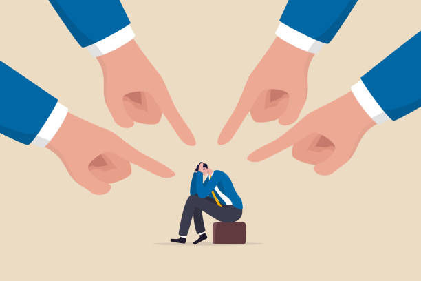 stockillustraties, clipart, cartoons en iconen met toxic work, abuse or bullying colleagues, bad culture make exhausted depressed employee, fear of failure and responsibility, giant boss hands pointing and blaming at depressed businessman employee. - pesten