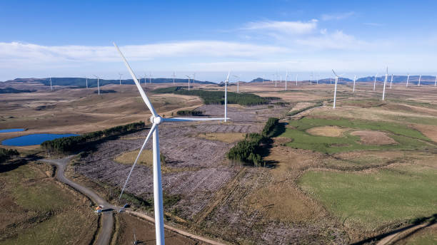 istock Wind farms in fields in the mountains and blue sky 1400440884