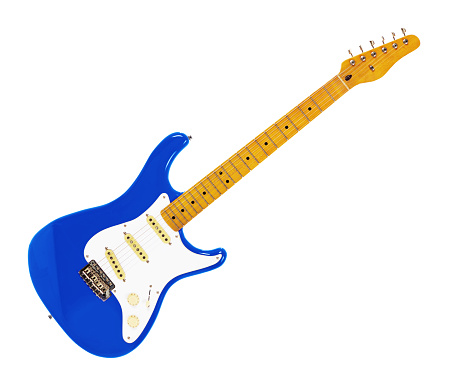 Deep blue electric guitar, as used in just about every modern musical style, including rock and roll, blues, hard rock, heavy metal and even jazz.