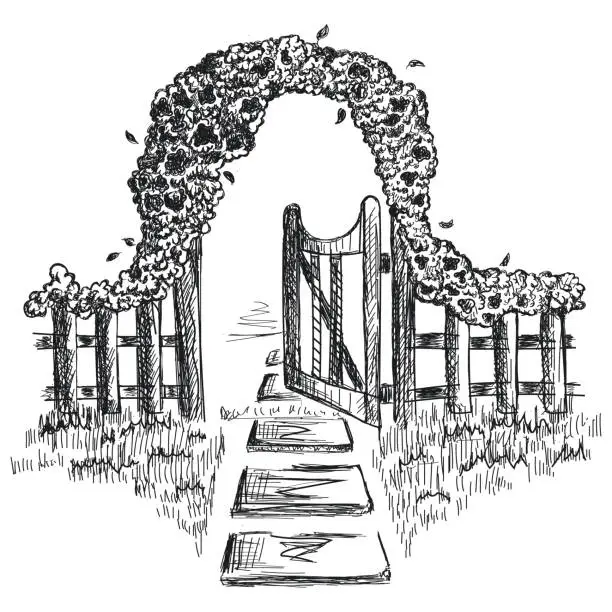 Vector illustration of Garden entrance hand drawn sketch.