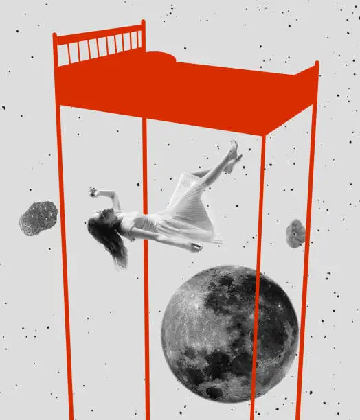 Girl falls into dream, flies and soars in dreams or invented world. Contemporary art collage. Inspiration, idea, aspiration and fantasy. Surrealism. Concept of mental health, inner world and emotions