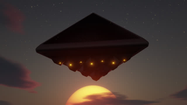 Pyramid UFO jets hover sun stars 3d seamless loop