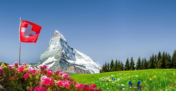 Swiss flag with Matterhorn and mountain meadow