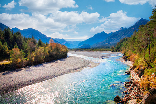 Lechriver with view of the Lechtaler Alps, Tirol, Austria