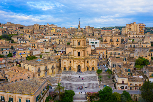 Duomo of San Giorgio in Modica, fine example of sicilian baroque art. Sicily, southern Italy. Modica (Ragusa Province), view of the baroque town. Sicily, Italy.