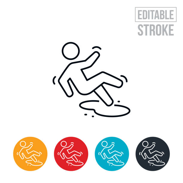 ilustrações de stock, clip art, desenhos animados e ícones de person slipping and falling thin line icon - editable stroke - slippery floor wet sign