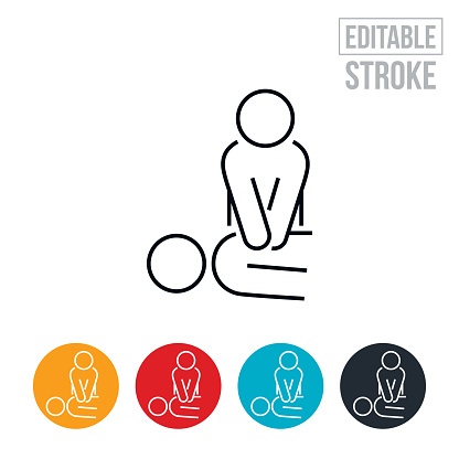 An icon of a medical professional performing CPR on an unresponsive patient. The icon includes editable strokes or outlines using the EPS vector file.