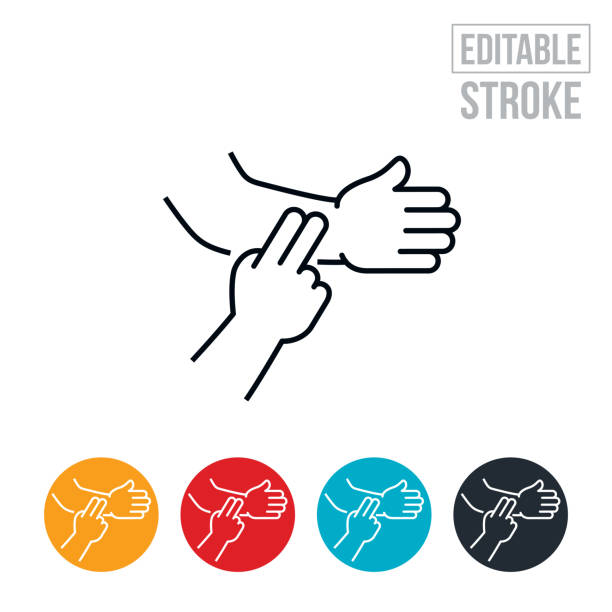 Hand Checking Pulse On Wrist Of Other Arm Thin Line Icon - Editable Stroke An icon of a hand using two fingers to check the pulse of a persons wrist. The icon includes editable strokes or outlines using the EPS vector file. wrist exercise stock illustrations
