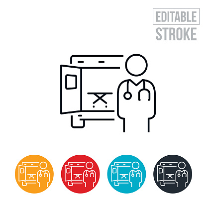 An icon of an EMT or other medical professional standing at the open back doors of an ambulance. The icon includes editable strokes or outlines using the EPS vector file.