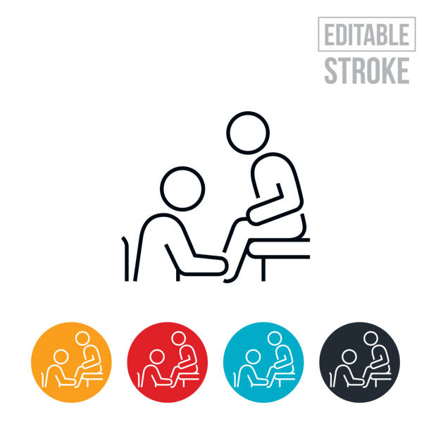 ilustrações de stock, clip art, desenhos animados e ícones de doctor examining a patients ankle thin line icon - editable stroke - examination table