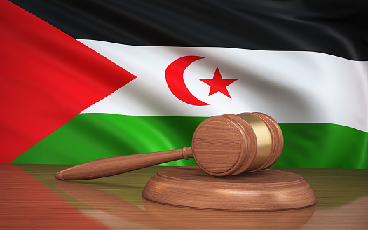 3d Render Judge Gavel and Western Sahara flag on background (Close-Up)