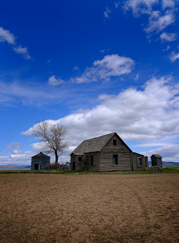 Old house home homestead on farm with silo tree and blue sky with clouds abandoned