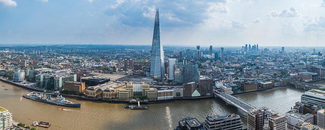 Aerial panorama over the River Thames towards the South Bank and the iconic spire of the The Shard, London, UK.