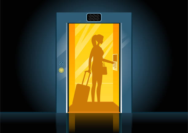 Woman in elevator Woman with luggage pushing button inside the elevator. young woman in elevator stock illustrations