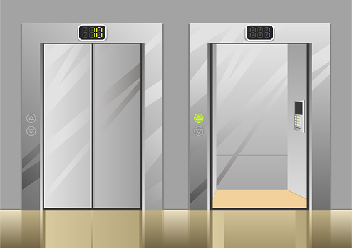 Modern elevators with closed and opened glossy metallic doors