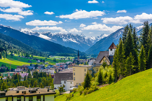 Houses in town village in Alps mountains, Davos, Graubuenden, S in Davos, Grisons, Switzerland