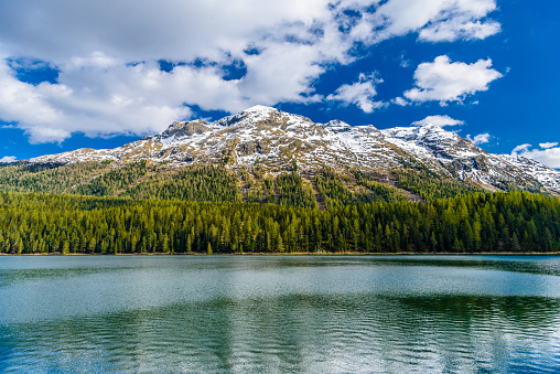 Crystal blue Lake St. Moritz, Sankt Moritz, Maloja, Grisons, Swi in Saint Moritz, Grisons, Switzerland