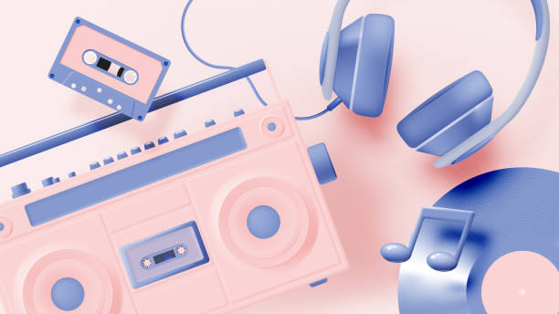 istock Music notes with boom box, headphone, cassette,vinyl, song, melody or tune 3d realistic 1400457277