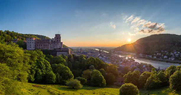 Photo of Panoramic view of beautiful medieval town Heidelberg including Carl Theodor Old Bridge, Neckar river, Church of the Holy Spirit, Germany