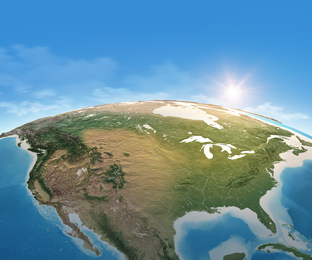 Physical map of Planet Earth, focused on USA, North America. Satellite view, sun shining on the horizon. 3D illustration (Blender software), elements of this image furnished by NASA (https://eoimages.gsfc.nasa.gov/images/imagerecords/147000/147190/eo_base_2020_clean_3600x1800.png)