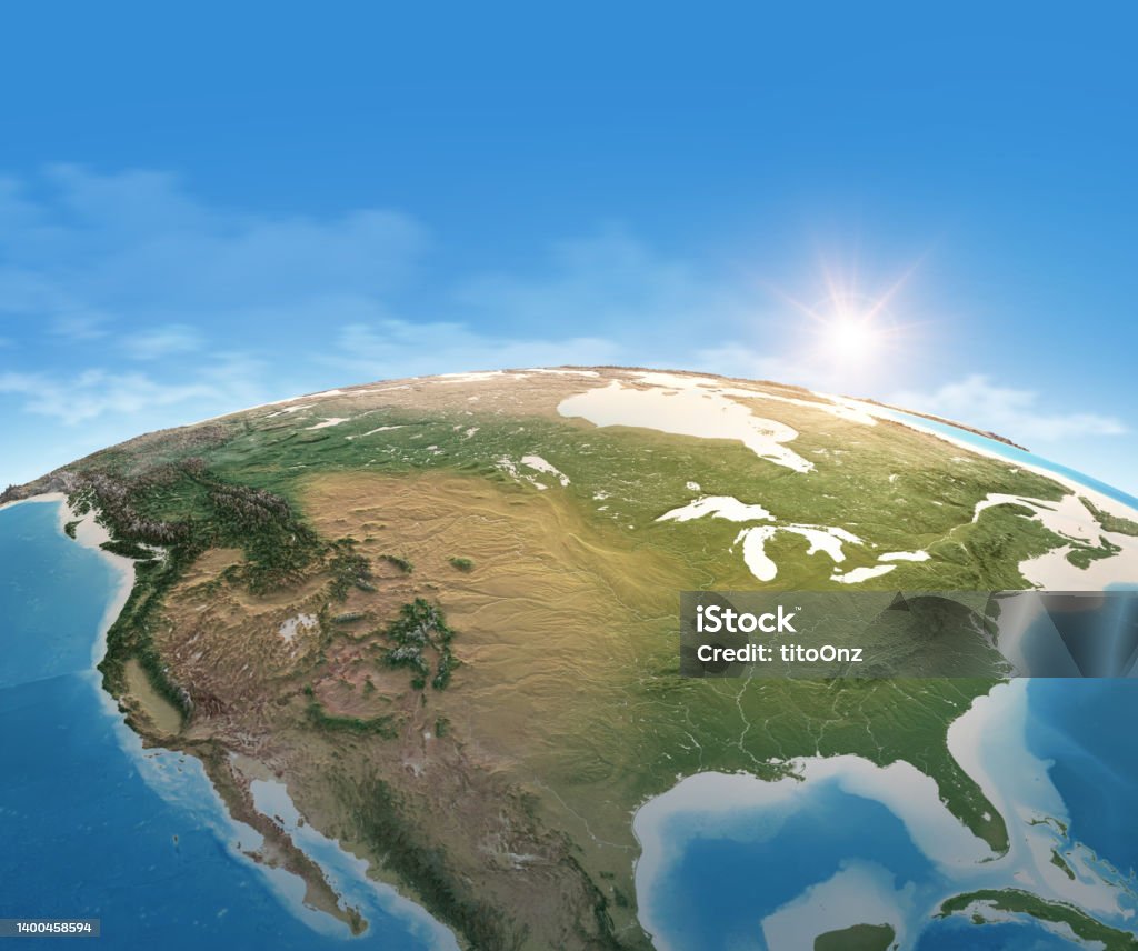 Physical map of USA, North America Physical map of Planet Earth, focused on USA, North America. Satellite view, sun shining on the horizon. 3D illustration (Blender software), elements of this image furnished by NASA (https://eoimages.gsfc.nasa.gov/images/imagerecords/147000/147190/eo_base_2020_clean_3600x1800.png) Globe - Navigational Equipment Stock Photo