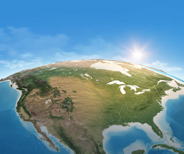 Physical map of USA, North America Physical map of Planet Earth, focused on USA, North America. Satellite view, sun shining on the horizon. 3D illustration (Blender software), elements of this image furnished by NASA (https://eoimages.gsfc.nasa.gov/images/imagerecords/147000/147190/eo_base_2020_clean_3600x1800.png) eastern usa stock pictures, royalty-free photos & images