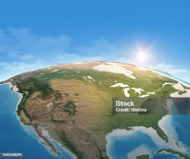 Physical Map Of Usa North America Stock Photo - Download Image Now - Globe - Navigational Equipment, Satellite View, Planet Earth