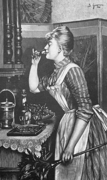 The maid takes a little secret drink at the house bar Illustration from 19th century. 1895 stock illustrations