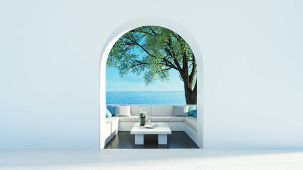 vista mare vita di lusso sulla spiaggia - stile isola di santorini - rendering 3d - santorini greece villa beach foto e immagini stock