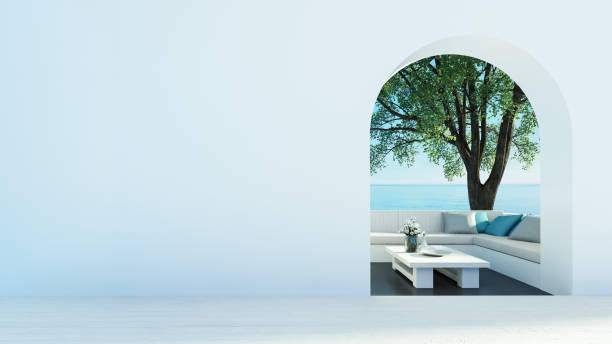 istock Sea view Beach luxury living - Santorini island style - 3D rendering 1400459964
